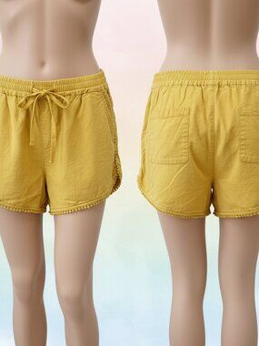 LOFT Outlet Running Shorts Yellow Pom Pom Trim Elastic Waist Drawstring